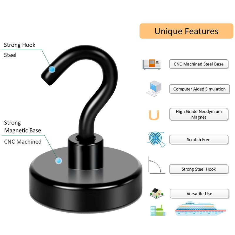 Neosmuk Black Magnetic Hooks, 50 kg High Performance Earth Magnets