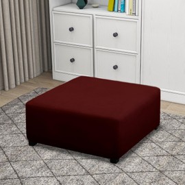 PureFit Super Stretch Form Fit Square Ottoman Cover Rectangle - Ottoman Slipcovers for Foot Stool & Folding Storage Furniture for Living Room with Nonslip Elastic Bottom (Medium-XL, Wine)