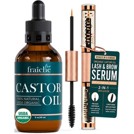 Castor Oil (59ml) + Custom Mascara Tube USDA Certified Organic, 100% Pure, Cold Pressed, Hexane Free by . Stimulate Growth for Eyelashes, Eyebrows, Hair. Lash Growth Serum. Brow Treatment