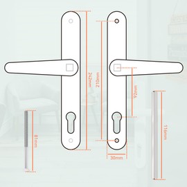 Bwintech 1 Set White UPVC Door Handle Set, 92mm Backset, 210mm Screw Hole Distance, 243mm Plate Length Front Door Handles for UPVC Door