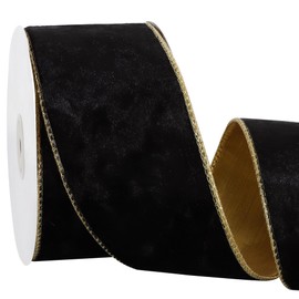 RIBBOOO Black Velvet Wired Ribbon 2.5 Inch x 10 Yards Metallic Champagne Gold Crushed Velvet Christmas Ribbon for Gift Wrapping Christmas Tree Decoration Wedding Decor Crafts Wreaths Supplies