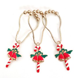 ZILucky Set of 12 Christmas Shower Curtain Hooks, Xmas Red White Candy Cane and Bells Decoration, Stainless Steel Hooks Rustproof (Red White-Candy Cane Bells)