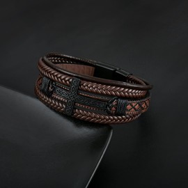 Veshon Mens Cuff Cross Bracelet Multi-Layer Braided Leather Cross Bracelet for Religious Bangle Wristband Faith Christian Jewelry for Men Teen, 9.1 Inch
