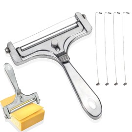 Huakaile Adjustable Cheese Slicer with 4 Extra Wires Replacement, Hand Held Wire Cheese Cutter Shaver, Heavy Duty Aluminum Alloy Cheese Slicers for Block Cheese (Silver)