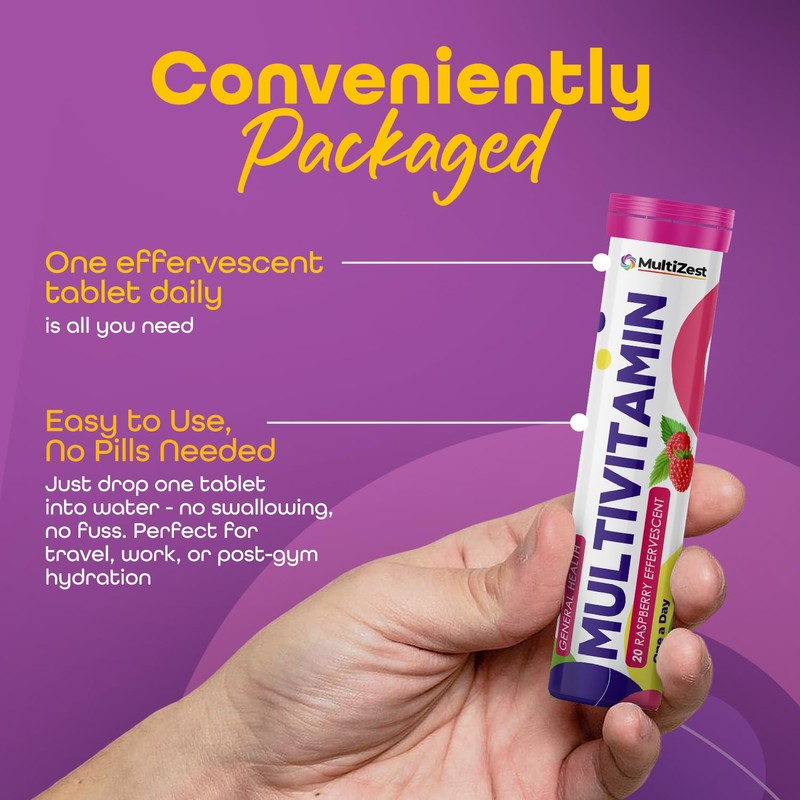 Multivitamin Effervescent| Raspberry Flavour|20 Tablets x 4| MultiZest Brand