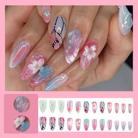 24 Pcs Handmade Press on Nails Short Almond Nail Tips,YEFIUO French Acrylic Fake Nails Press ons 3D Flowers Butterfly Nail Charms Design Glue on Nails Full Cover Reusable False Nails Art Kit for Ma'am