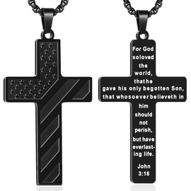 YUCSAWJK Cross Necklace Bracelet Set 26 Inch Stainless Steel Necklace Adjustable Natural Stone Bracelet Men Boys Holiday Jewelry Gift (1-John 3:16)