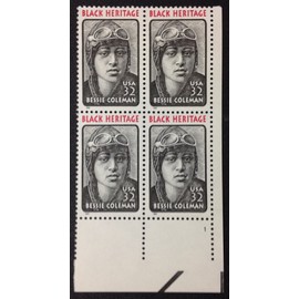 US Postal Stamps, 1995, Bessie Coleman, S# 2956, Plate Block of 4, MNH