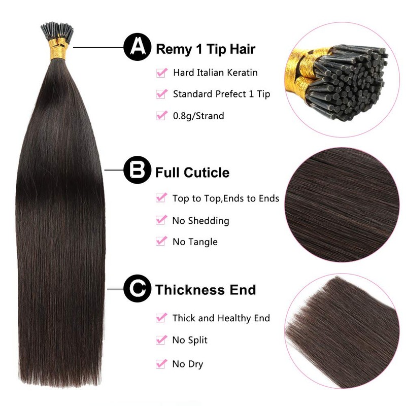 I Tip Human Hair Extensions,16inch 40cm #1B Natural Black Remy