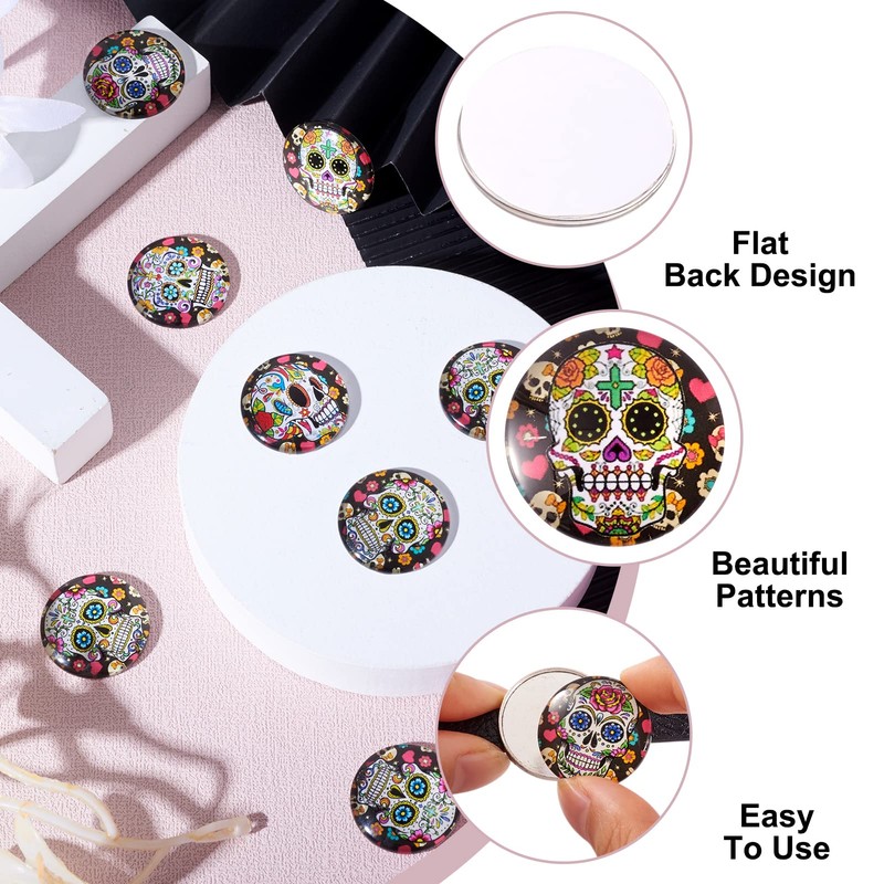 Craftdady 10pcs 25mm Assorted Skull Patterns Glass Cabochons Flatback Half