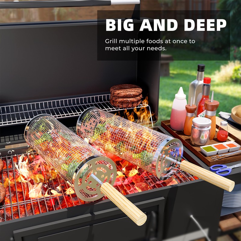Rolling Grill Baskets for Outdoor Grill, Stainless Steel Rolling Grill
