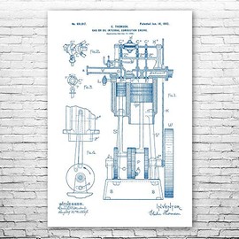 Gas or Oil ICE Engine Poster Print, Gearhead Gifts, Mechanical Engineer, Engineering Gift, Steam Punk Decor Blue & White (24 inch x 36 inch)