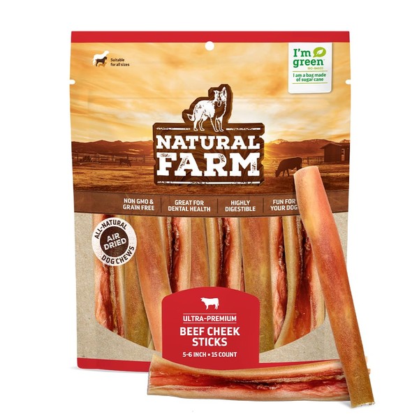 Natural Farm Bully Cheek Sticks for Dogs, 5-6-Inch (15-Pack), 100% Natural Beef Cheek Long Lasting Treats, Rich in Flavor, Supports Dental Health, Best Bully Stick Alternative for All Dogs