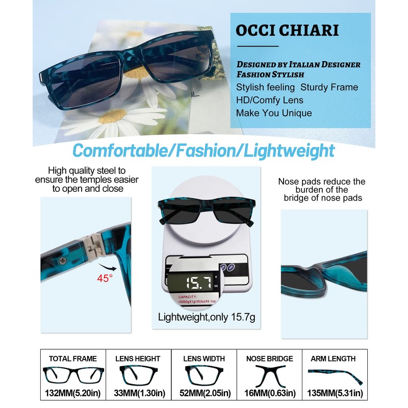 OCCI CHIARI Photochromic Bifocal Reading Glasses Mens,Transition Square UV Protection