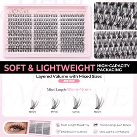 Wispy Anime Fairy Lash Cluster Refills, D Curl Fluffy Layered Lashes, 10-16mm Ultra-Soft Reusable Waterproof Faux Mink Lash Extensions, 300Pcs