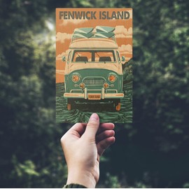 Fenwick Island, Delaware, Letterpress, Camper Van (4x6 Birch Wood Postcards, 2-Pack Stationary, Rustic Home Wall Decor)