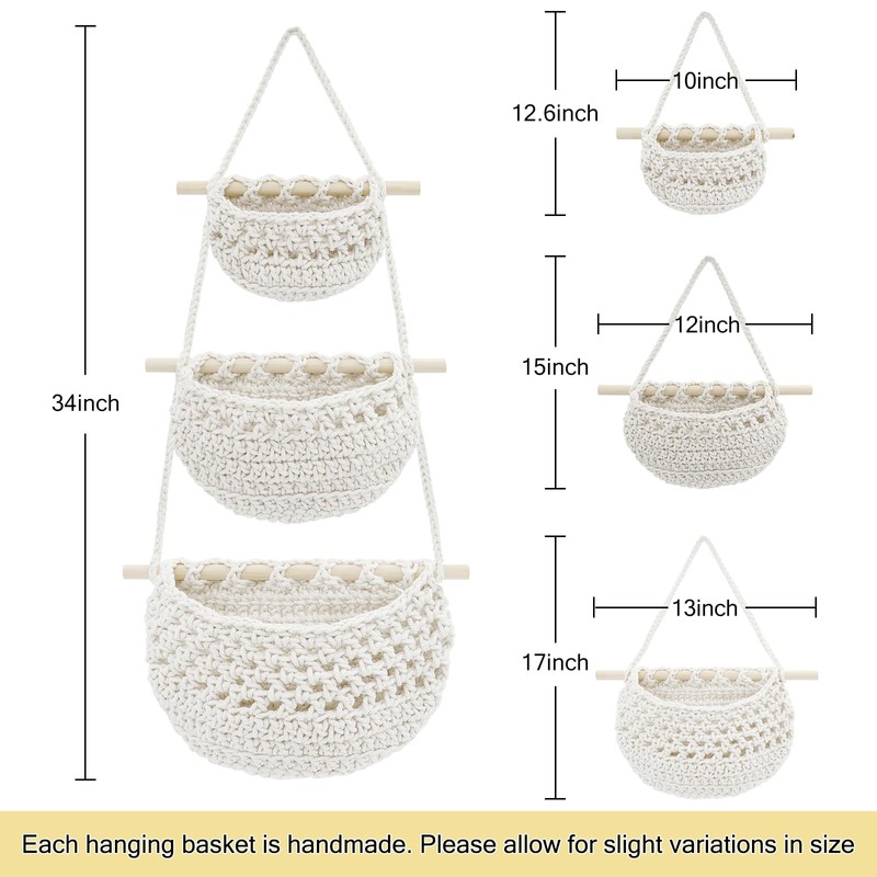 yuuzue 3 Tier Hanging Fruit Basket, Cotton Woven Wall Hanging