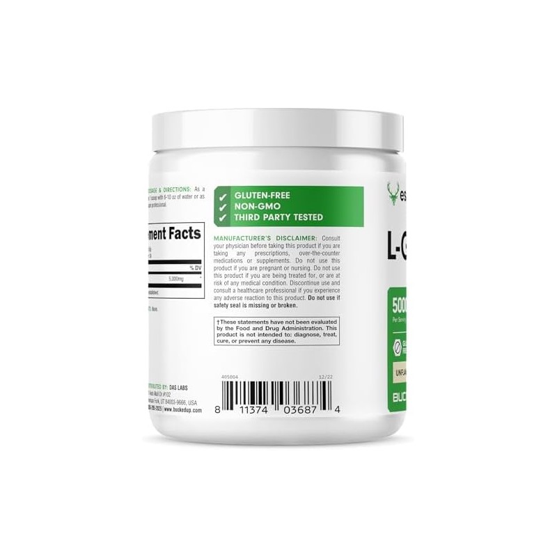 Bucked Up- LGlutamina (5000mg), Esenciales (50 Porciones, 250 Gramos)