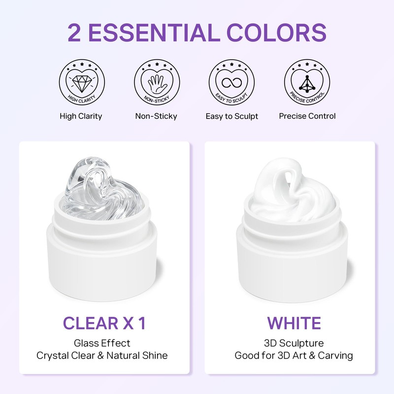3D Sculpting Gel for Nail Art, 2PCS Clear and White