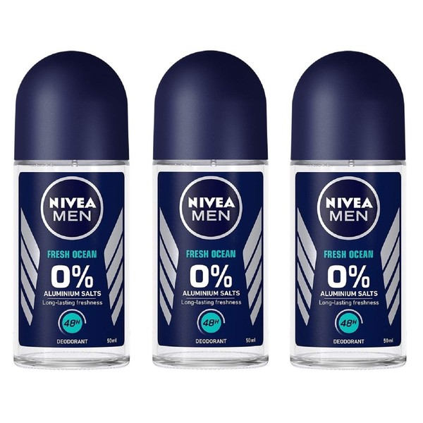 (Pack of 3 Bottles) Nivea FRESH OCEAN Men's Roll On Deodorant (Pack of 3 Bottles, 1.7oz / 50ml Each Bottle) 0% Aluminium Salts