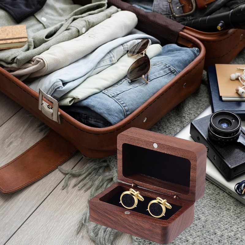 NICENEEDED Walnut Wooden Cufflink Box, Square Small Cuff Links Display