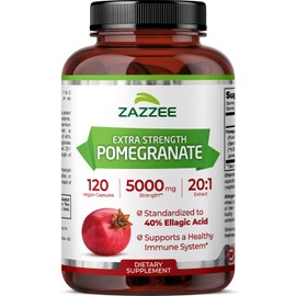 Zazzee Extra Strength Pomegranate 20:1 Extract, 5000 mg Strength, 40% Ellagic Acid, 120 Vegan Capsules, 4 Month Supply, Standardized, Concentrated 20X Extract, 100% Vegetarian, All-Natural and Non-GMO