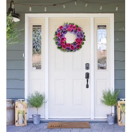 Arborus Spring Wreaths for Front Door 16" Purple Artificial Pansy Flower Wreath Spring Summer Door Wreath Fake Silk Floral Wreaths with Green Leaves for Farmhouse Mantle Kitchen Décor