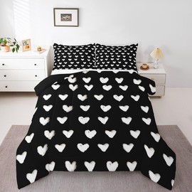Love Comforter Set Queen Black and White Comforter for Kids Boys Girls Cute Heart Shaped Valentine Day Down Comforter Kawaii Comforter Cartoon Love Heart Geometric Duvet Insert Soft Warm Quilt 3Pcs