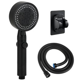 Wassersparender Duschkopf, 6 Strahlarten, 1,5m Schlauch, Handbrause, mit Halterung, Sparduschkopf, Schwarz