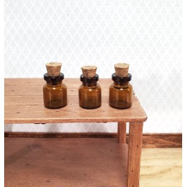 Miniature Amber Glass Jars Bottles Cork Stoppers x3 Apothecary Potions 11/16"