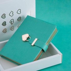 Poshieca Heart Shaped Lock Diary with Key PU Leather Cover Journal Personal Organizers Secret Notebook for Girls & Women B6 Size 5.3x7inch with Rose Gold Metal Ballpoint Pen (Green Diary With Pen)