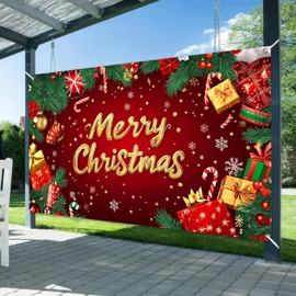 BlissYard Merry Christmas Banner Red Gold Gifts Snowflakes Candy Canes 71x43 Inch Holiday Decorations for Indoor Outdoor Party Supplies Xmas Home Decor Festive Backdrop Celebration