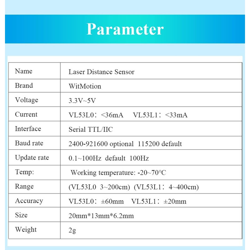 WitMotion WT-VL53L1 Laser Ranging Sensor, 4 meter measurement, 5-36V UART,