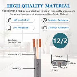 YDDECW 12/2 UF-B Wire - 50FT 100% Pure Copper 12AWG 2 Direct Burial Electrical Cable for Underground Feeder Wet or Corrosive Locations Indoor & Outdoor etc