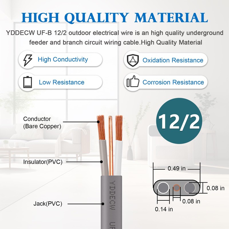 YDDECW 12/2 UF-B Wire - 50FT 100% Pure Copper 12AWG