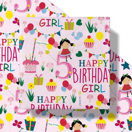 RUSPEPA Happy 5th Birthday Wrapping Paper Roll for Girls, Mini Roll, Pink Happy Birthday Girl Pattern Design for Party and More, 17 inches x 16.4 feet, 5 Years Old