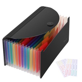 Uquelic Stand Receipt Organizer Folder - 13 Pockets Expanding Coupons Storage/Rainbow Large Capacity Bill Organizer for Desk with Label, in Case I Go Missing Binder Organizer (Black)