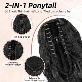 PORSMEER Claw Ponytail Hair Extension 30 inches, Clip in Ponytail Extensions Long Curly Wavy Ponytail Hair Extension Jaw Clip on Pony Tails Hairpiece for Women (Black)