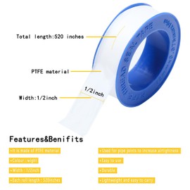 Punrafu PTFE Plumbers Tape 2-Pack - 0.5 Inch Wide Teflon Tape for Pipe Thread Sealing, Leak Prevention on Shower Heads, Garden Hoses & Plumbing Connections