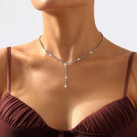 Inateannal Boho Rhinestone Choker Necklace Gold Crystal Y Lariat Necklaces Long Rhinestone Y Drop Necklace Sparkling CZ Tennis Chain Necklace Jewellery for Women and Girls, Zinc