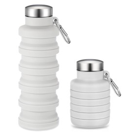 Baderke Collapsible Water Bottles 17oz Travel Sports Portable Water Bottle with Portable Buckle Silicone Lightweight Reusable Leakproof for Camping Hiking Yoga Outdoor(Gray White)