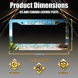 The Beach is My Happy Place License Plate Frame Beach Palm Tree Hawaii License Plate Stainless Steel Colorful Car Accessory Funny License Plate Decoration Size 12.2" x6.2" with Screws