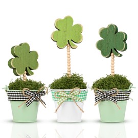 Treory St Patricks Day Decorations, 3pcs Lucky Shamrock Artificial Potted Plants Wooden Sign on Stand, Fake Moss Freestanding Wood Table Decorations, St. Patrick's Day Decor for Gift Desk Party Home