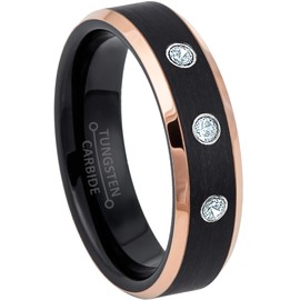 2-Tone Black & Rose Gold Tungsten Carbide Unisex Wedding Band with 0.07ctw Solitaire Round Aquamarine Birthstone Tungsten Ring - 6mm Brushed Comfort Fit Tungsten Anniversary Ring - 1AQM
