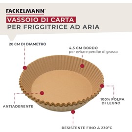 Fackelmann Vassoio di carta per friggitrice ad aria, carta per friggitrice rotonda, polpa di legno antiaderente e impermeabile, resistente fino a 230 °C, accessori friggitrice ad aria, 20 x 4,5 cm, 50