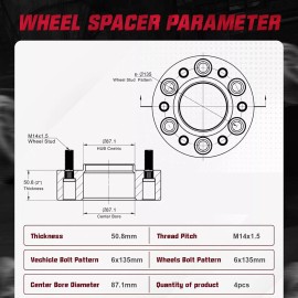 Unbranded 4PCS 2" inch 6x135 14x1.5 Hubcentric Wheel Spacers for 2015-2024 Ford Expedition