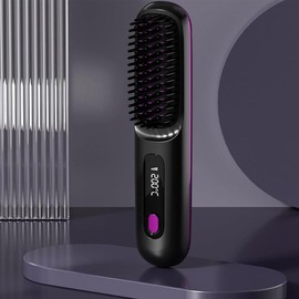 S7 Portable Cordless Hair Straightening Brush with LED Display - Lightweight Mini Negative Ion Hot Brush, USB Comb Straightener Wireless Straightener Anti-Scald Dual hot air wavy  iron rpm high wavy  talk - Color: Black