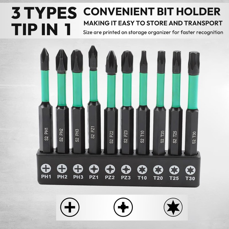 Saipor 10pcs 70mm Phillips PoziDriv Torx Screwdriver Bit Set, Magnetic