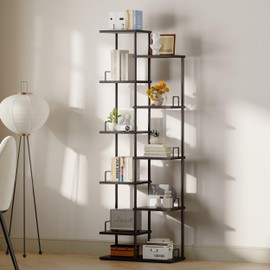 10 Tier Tree Bookshelf Tower Metal Spine Bookcase Industrial Bookshelves Tall Narrow Books Organizer Floor Standing Ladder Book shelf for Living Study Room Office Bedroom Corner Display black HBC506B