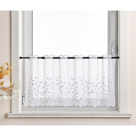 Delien Voile 1 Piece Net Curtains, Short Curtains, Embroidery, Bistro Curtain, Grünland, Transparent Short Curtain with Grass Pattern, Leaf Pattern for Kitchen, W x H 120 x 45 cm, Light Grey